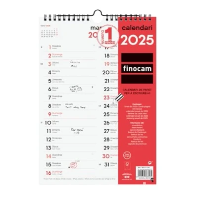 Image of Finocam Neutral Wall Calendar to Write Two Columns 2025 Month View January December (12 months) Catalan