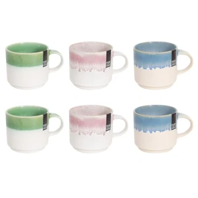 Image of Set of 6 Reactive Glaze Stoneware Coffee Mugs Tea Cups Home Pink Green Blue Heavy Dishwasher Safe Kitchen Stackable Mug