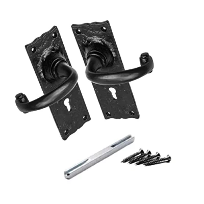 Image of Pair of Black Antique Cottage Handle Lever Locks Hammered Victorian Lock Door Handles Keyholes ON Back Plate with Spindle and Fixing Screws.