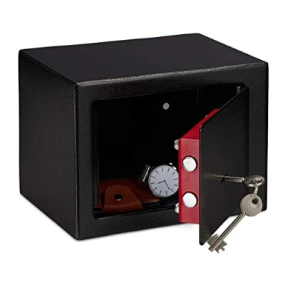 Image of Relaxdays Home Safe With Keys, Double bit Lock, Fix To Wall/Floor, Mini Vault, HWD: 17 x 23 cm, Black, 90% steel 10% felt