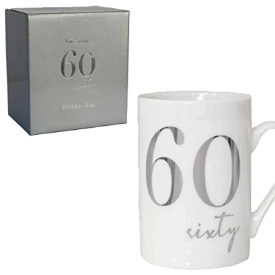 Image of White Bone China Mug with Silver Foil Number 60th Sixty 60 Birthday