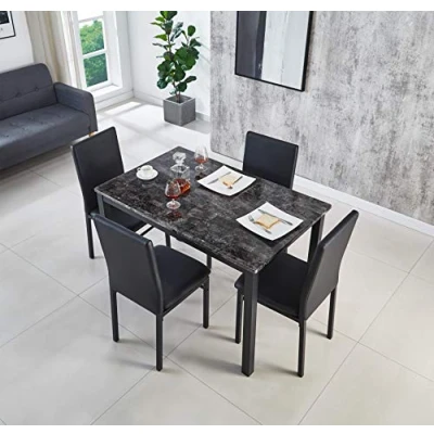 Image of Modernique Marble Effect MDF Gloss Finish Dining Table with 4/6 Chairs in Black Brown Grey, Metal Frame Matching Faux Leather Foam Padded Sets (Grey, 120 cm + 4 Chairs)