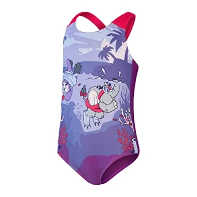 Image of Speedo Infant Girl&#039;s Learn to Swim Printed Crossback Swimsuit Chlorine Resistant Recycled Fabric Stretchy , Magic Sangria/Sweet Taro/Hellium, 6 9 Months