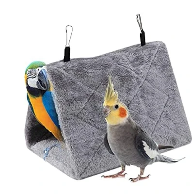 Image of TOPINCN Peony Parrot Hammock Bird Nest Warm Soft Plush Hanging Cage Tent for Birds Winter Bed Pet Toy Pouch Cotton (M Gray)