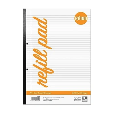 Image of RHINO A4 Refill Pad, Writing 320 Page / 6mm Lined with Margin, 3 Pack, White Hole Punched Side Binding Paper, Office &amp; School Stationery Supplies
