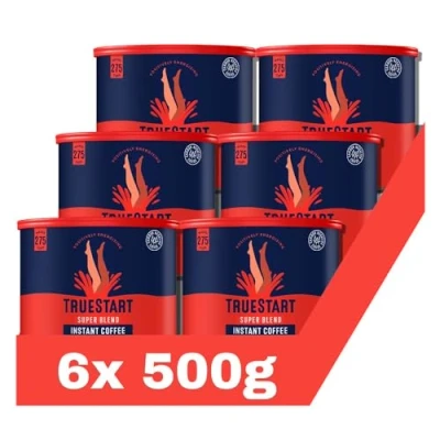 Image of TrueStart Barista Grade Super Blend Instant Coffee 500g (6x500), Premium Freeze Dried, Smooth Rich Beans Roast, 100% Full Flavour