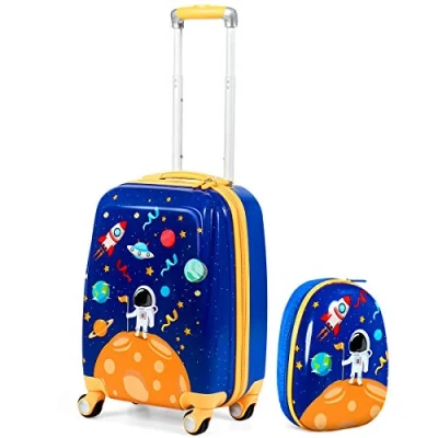 Image of GYMAX 2Pcs Kids Luggage Set, 16&quot;/18&quot; &amp; 12&quot; Girls Suitcase and Backpack Set with 4 Spinner Wheels, Hard Shell Children Trolley Case for Travel School(Dark Blue Universe, 18&quot;)