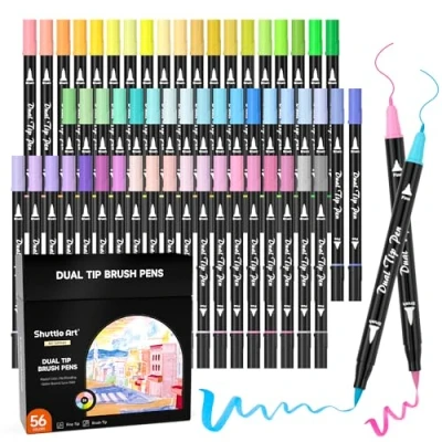 Image of Shuttle Art Pastel Brush Pens, 56 Colouring Dual Tip Markers with Fineliner Tip, Drawing Felt Pens for Adults Books, Painting Sketching Calligraphy and Journaling