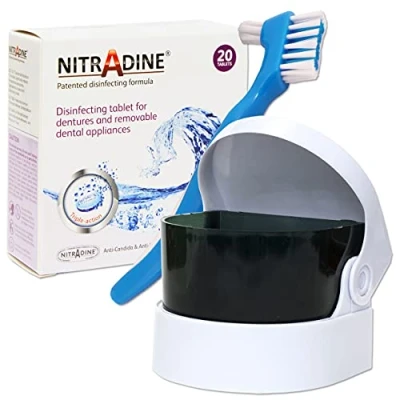 Image of Nitradine, Sonic Cleaner &amp; Denture Brush 20 Tablets for Cleaning Disinfecting (Blue Brush, No Batteries)