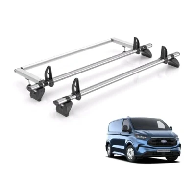 Image of Van Demon Rhino Roof Rack for Ford Transit Custom 2024+ [Only Fits Standard (H1) with Barn Doors] 2 KammBar Fleet Steel Bars &amp; Rear Ladder Roller + Loadstops TB2FL/KR25
