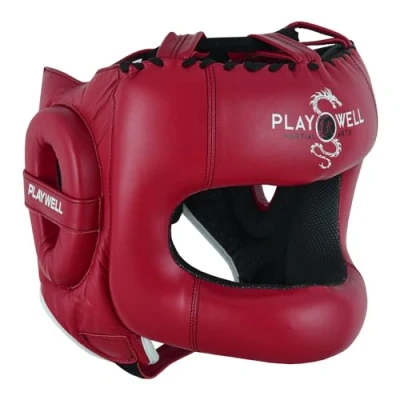 Image of Boxing Ultimate Leather Full Face Bar Head Guard All Maroon (S/M)