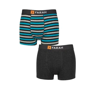 Image of Mens 2 Pack Farah Plain and Striped Cotton Classic Fitted Trunks Stripe Charcoal / Turquoise XL