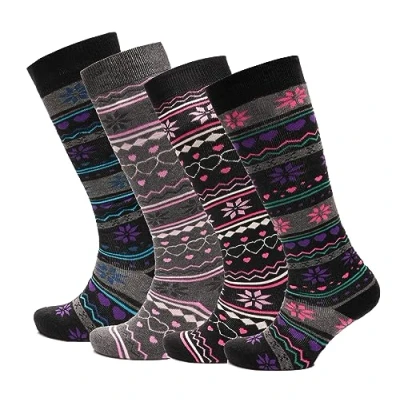 Image of Sock Stack Ladies Design Ski Wellington Boot Socks 4 Pairs Womens Cotton Rich Walking Hiking Fair Isle Nordic Patterns High Knee Long Thermal Socks, UK 7