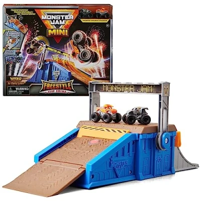 Image of Monster Jam Mini Freestyle Flip Arena Playset and Storage with 2 Trucks, Kids’ Toys for Boys Girls Ages 3 up