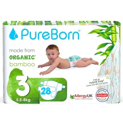 Image of PureBorn Eco Organic Bamboo Nappies, Size 3 (5,5 8 kg), 28 Hypoallergenic, Ultra Soft, Dermatologically Tested, Wetness Indicator