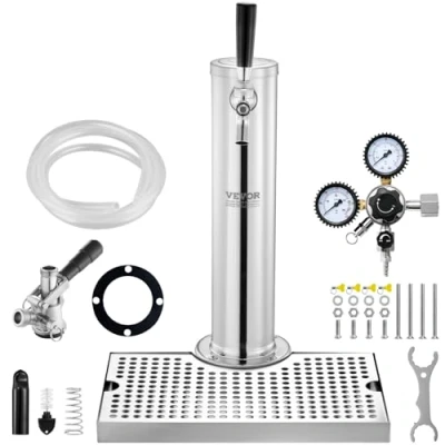 Image of VEVOR Kegerator Tower Kit, Single Tap Beer Conversion Stainless Steel Keg Dispenser with Dual Gauge W21.8 Regulator &amp; S System Coupler, Drip Tray for Party Home