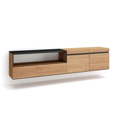 Image of Skraut Home TV Unit, Stand Cabinet Entertainment Center 200x45x35cm For TVs up to 80&quot; Wall mount, suspended Modern Style Oak and Black
