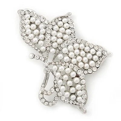 Image of Avalaya Large White Faux Pearl Diamante &#039;Butterfly&#039; Brooch in Silver Plating 8.5cm Length