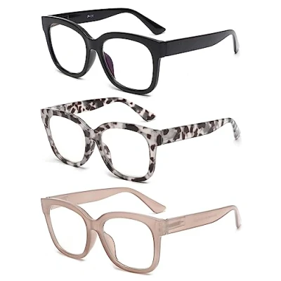 Image of JM 3 Pack Oversized Reading Glasses for Women Square Blue Light Blocking Computer Readers Spring Hinge +4.0