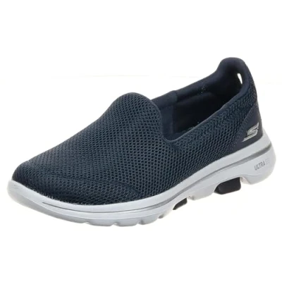 Image of Skechers Women&#039;s GO Walk 5 Slip On Trainers, Navy Textile White, 6 UK Wide