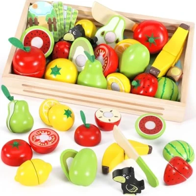 Image of Subtail Wooden Food Toys Play Kitchen Orchard Board Games Sets for Children Pretend Fruit and Vegetables Cutting Toddler 2 Year Old Boy Girls