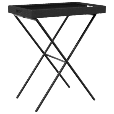 Image of vidaXL Black Folding Poly Rattan Tray Table Portable Outdoor Side with Removable Top and Foldable Steel Frame for Patio, Garden, Deck