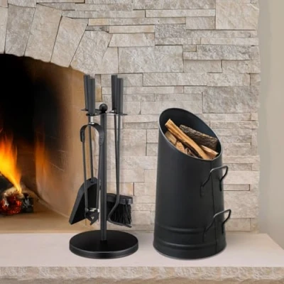 Image of Homezone® Black Steel Coal Hod &amp; Fireplace Companion Set Brush Shovel Tongs Poker Storage Solution Bin Fire Tools Fireside Accessories