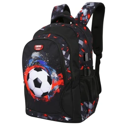 Image of LOVEVO School Bags for Boys Football Print Backpack Schoolbags Girls Rucksack Multi Pocket Large Travel &amp; Laptop Back packs Casual Sports Bag 47x31x22cm (Black Football)