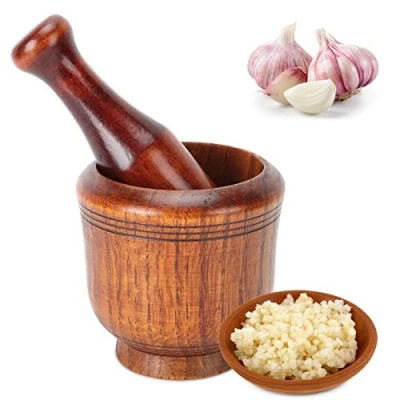 Image of Wooden Mortar and Pestle Set, Manual Garlic Masher Spice Grinder for Kitchen, Natural Bowl, Crush Press Mash Spices, Herbs, Pepper, Guacamole, Nuts, Fruit