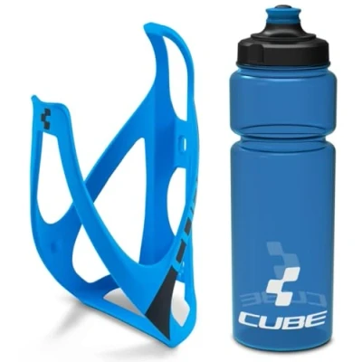 Image of Cube HPP Cage Classic Blue/Black &amp; Icon Bottle Blue, 750ml / Water Drink Flask Vessel Bidon Holder Mount Bracket Kit Lightweight Plastic Drinking Hydration Biking Bike Riding Frame Accessories