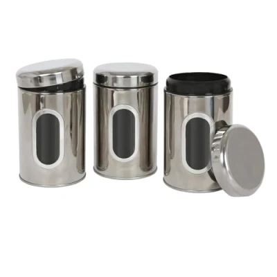 Image of Harbour Housewares Stainless Steel Food Storage Containers &amp; Window Set Chrome 3pc Airtight Tea Coffee Sugar Kitchen Jar Caddy Canisters