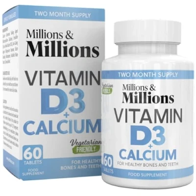 Image of Millions &amp; Calcium 400mg + Vitamin D3 200iu Musculoskeletal Support for Strong Bones, Muscles Teeth Suitable Vegetarians 60 Tablets 2 Month Supply