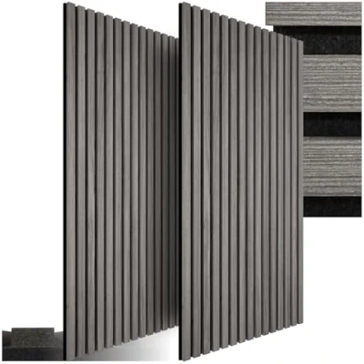 Image of tectake® Set of 2 Acoustic Wall Panels in MDF &amp; Elegant Real Wood Veneer, Sound Absorbing with Felt Fabric Slats, Adjustable Size Easy Installation Light Grey Oak