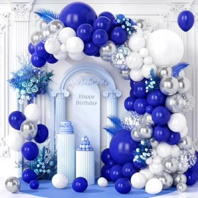 Image of Teselife Blue Balloon, 123 PCS Navy White Balloon Garland Arch Kit Metallic Silver Confetti Latex Balloons for Boys Men Birthday Baby Shower Wedding Anniversary Graduation Christening Party Decor