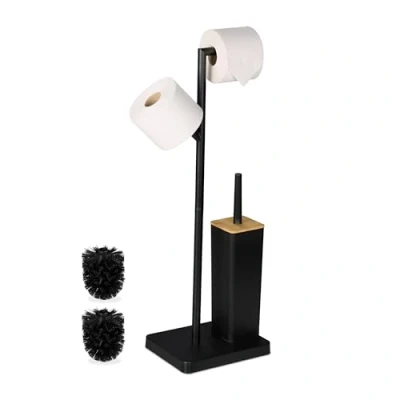 Image of Relaxdays Toilet Roll Holder and Brush Set, 71x23x18 cm, Freestanding, Bathroom Accessories, Spare Paper, Black/Natural, Bamboo, Plastic, Stainless steel