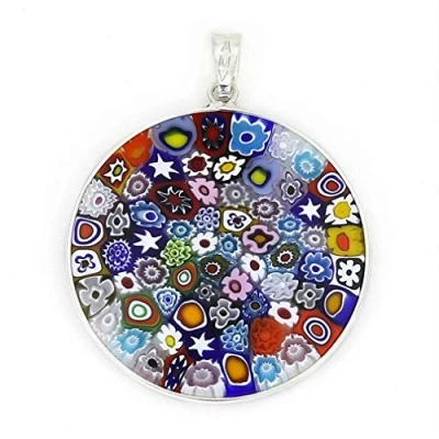 Image of GlassOfVenice Murano Glass Millefiori Pendant Multicolor in Silver Frame 1 1/4&quot;