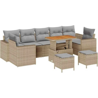 Image of vidaXL 10 Piece Garden Sofa Set with Cushions in Beige Poly Rattan and Acacia