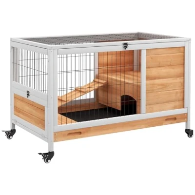 Image of PawHut Wooden Guinea Pig Hutch, Small Animal Cage with Openable Roof, Indoor Enclosed Run No Leak Tray, Yellow