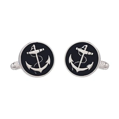 Image of Cufflinks Round Black With a Ship Anchor Design Presented in an Onyx Art Cufflink Box