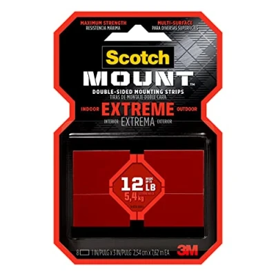 Image of Scotch Extreme Mounting Strips, Double Sided Heavy Duty Tape, 8 1 in x 3 in, Use Instead of Nails or Screws, Works on Painted surfaces, Metals, Acrylic, Hard Plastics and More (414H ST)