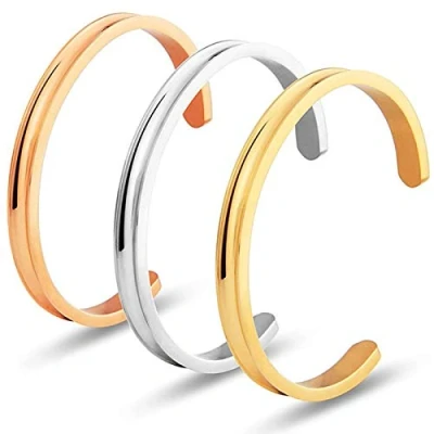 Image of LucBuy Hair Tie Bracelets, Stainless Steel Grooved Cuff Bangle High Polished Band Jewelry Bracelet for Women (3PC Gold+Silver+Rosegold)