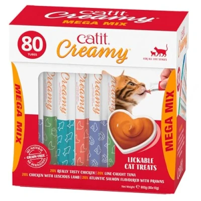 Image of Catit Creamy Healthy and Hydrating natural, grain free lickable squeezy cat treat sticks, 80 x 10g variety pack (20 each chicken, tuna, salmon, lamb) tubes