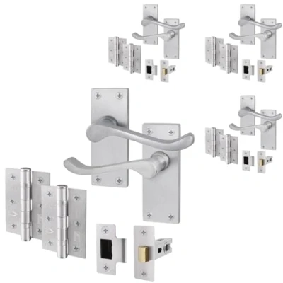 Image of EAI Satin Victorian Scroll Door Handle Latch Set 4 Pairs of Chrome Internal Lever Handles on Backplate with Hinges (76mm) &amp; (64mm)