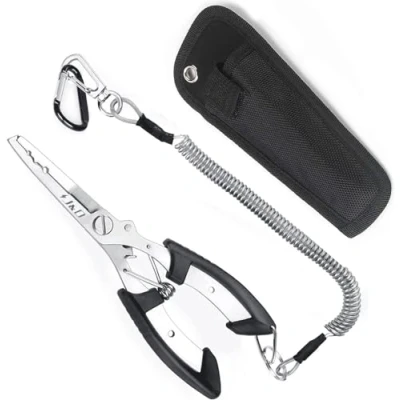 Image of J&amp;D Fishing Pliers Multi Functional Lightweight Stainless Steel Hook Remover Tool with Safety Coiled Lanyard