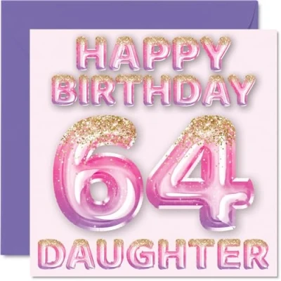 Image of 64th Birthday Card for Daughter Pink &amp; Purple Glitter Balloons Happy Cards 64 Year Old from Mum Dad Parents, 145mm x Bday Greeting Gift