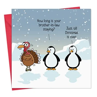 Image of Twizler Merry Christmas Card with Turkey &amp; Penguins Happy Xmas Funny Womens Mens Male Female