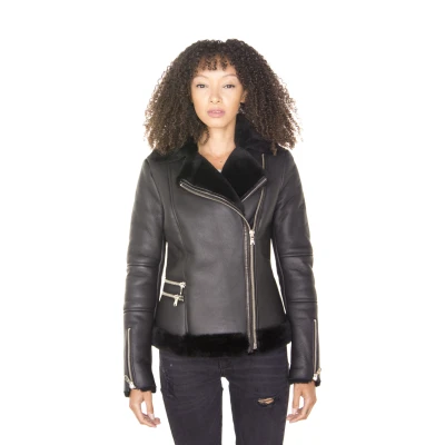 Image of Women&#039;s Black Leather Shearling Sheepskin Biker Jacket S