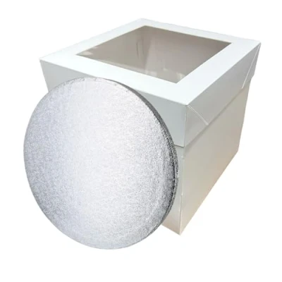 Image of LARRYROO Tall White Cake Box Extra Deep with Clear Display Window &amp; Silver Round Drum Board Combo (12&quot;)