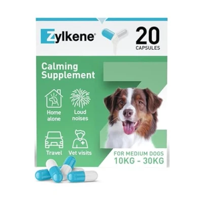 Image of Zylkene Calming Supplements for Medium Dogs (10 to 30kg) 225mg Promotes Relaxation Helps Pets cope with short term challenging situations: Loud Noises Easily administered 20 capsules