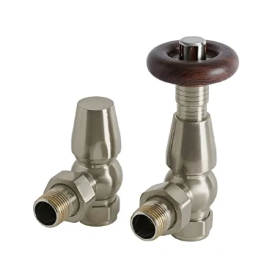 Image of Milano Windsor Pair of Satin Nickel Angled Heated Towel Rail Radiator Thermostatic Valves